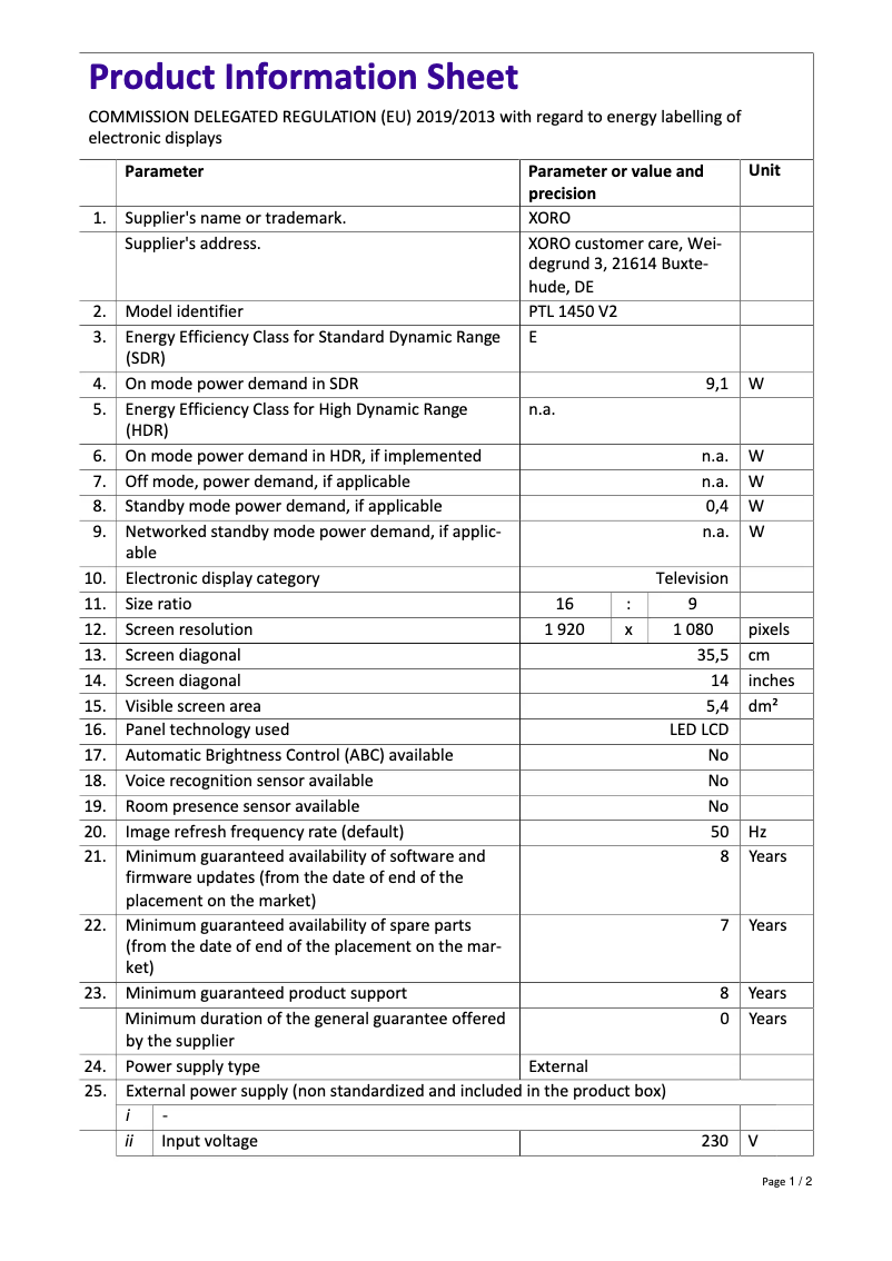 Imagen de la primera página del manual del dispositivo PTL 1450 V2