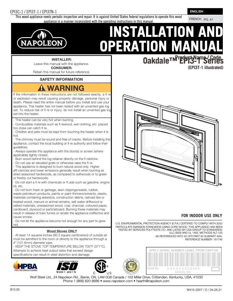 Imagen de la primera página del manual del dispositivo Oakdale EPI3C