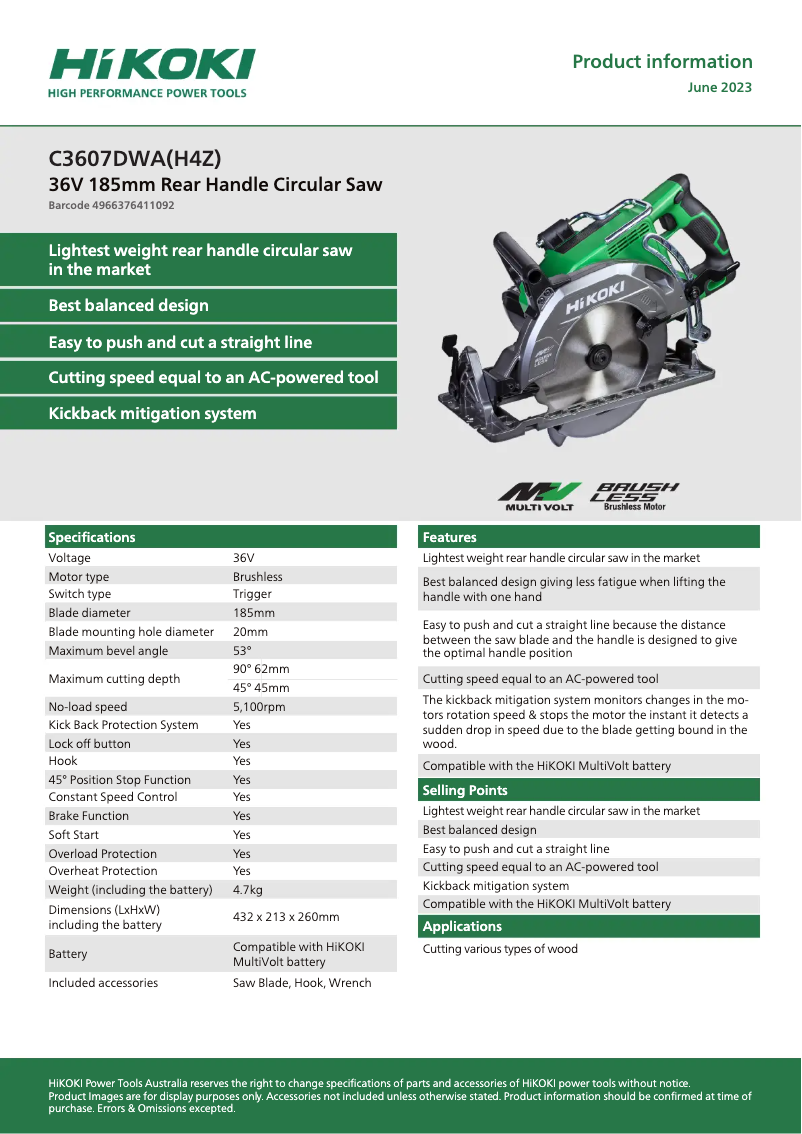 Página 1 del manual Ficha técnica HiKOKI C3607DWA