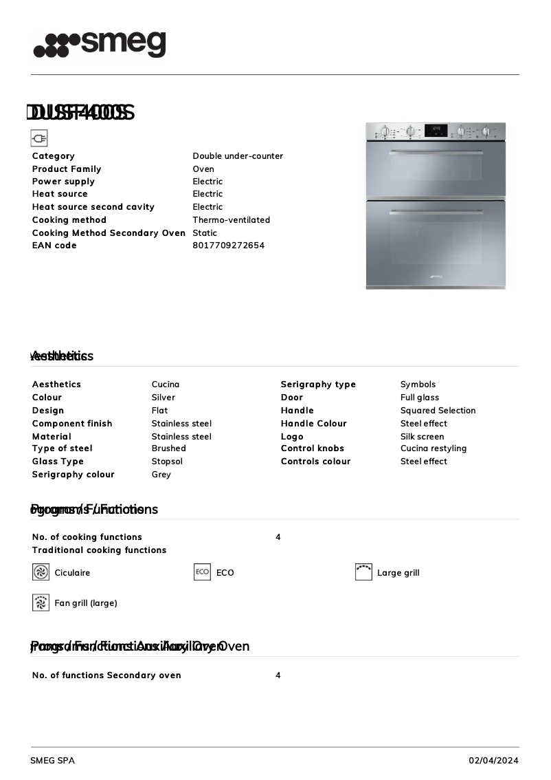 Página 1 del manual Ficha técnica Smeg DUSF400S