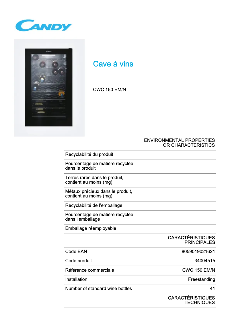 Página 1 del manual Ficha técnica Candy CWC 150 EM/N