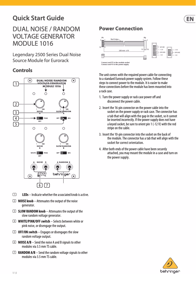 Página 1 del manual Guía de inicio rápido Behringer Dual Noise/Random Voltage Generator Module 1016