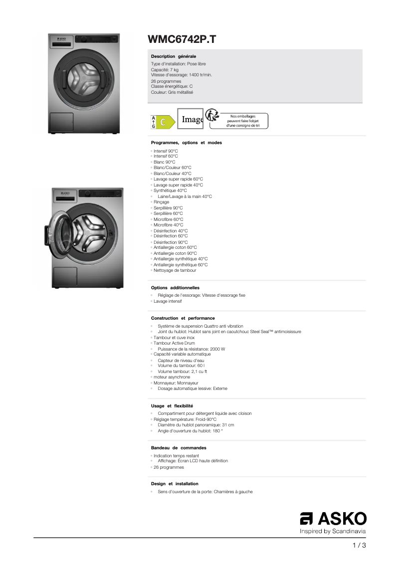 Página 1 del manual Ficha técnica Asko WMC6742P.T