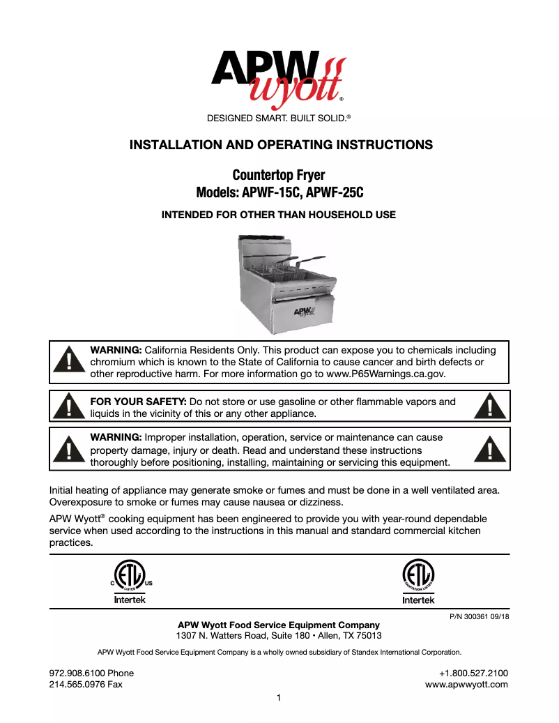 Página 1 del manual Manual de usuario APW Wyott APW-F15C