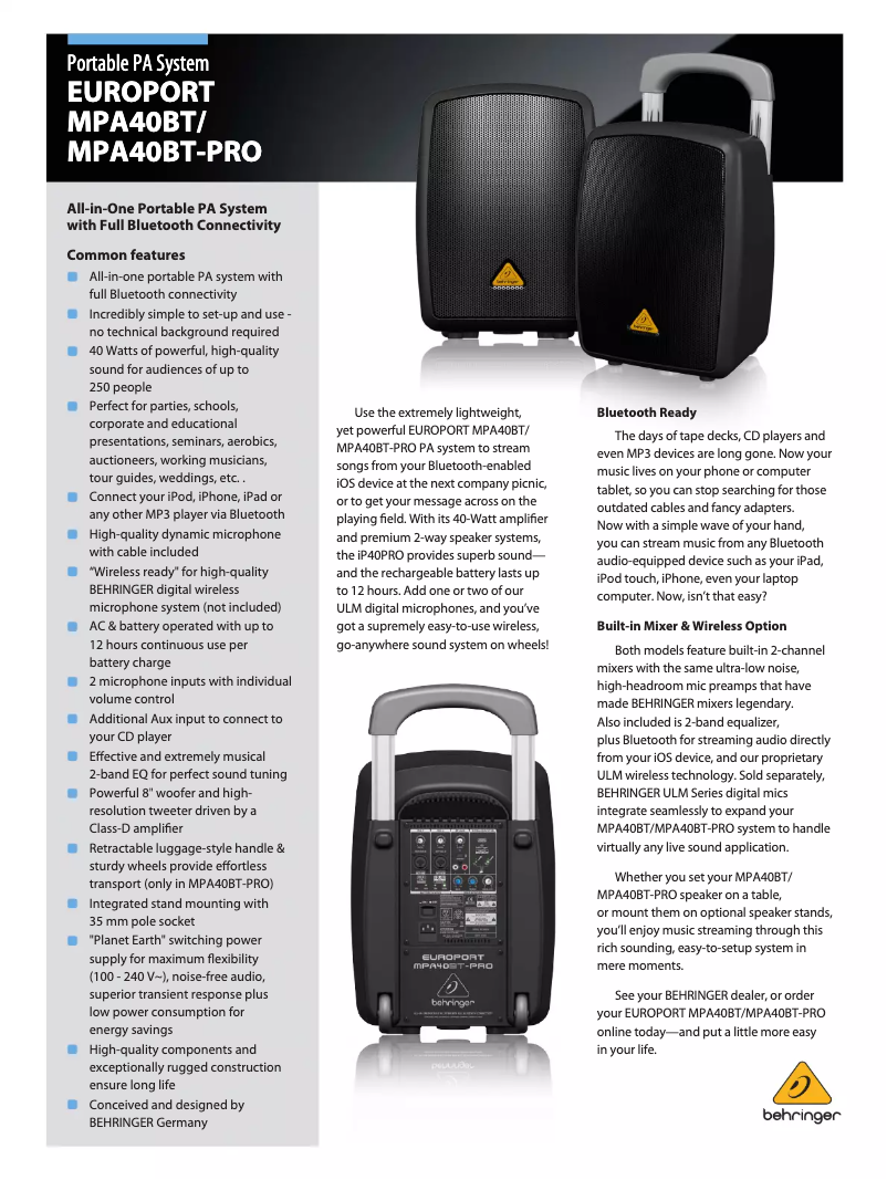 Imagen de la primera página del manual del dispositivo Europort MPA40BT