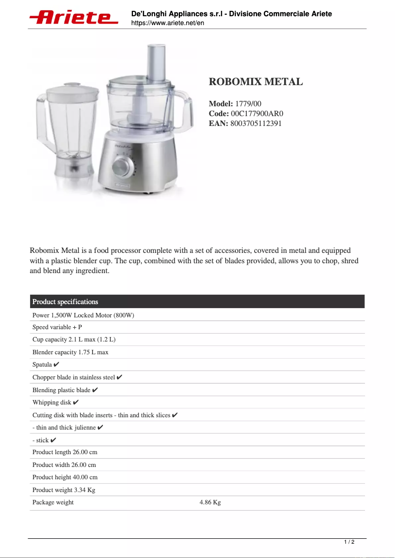 Página 1 del manual Ficha técnica Ariete Robomix Metal 1779