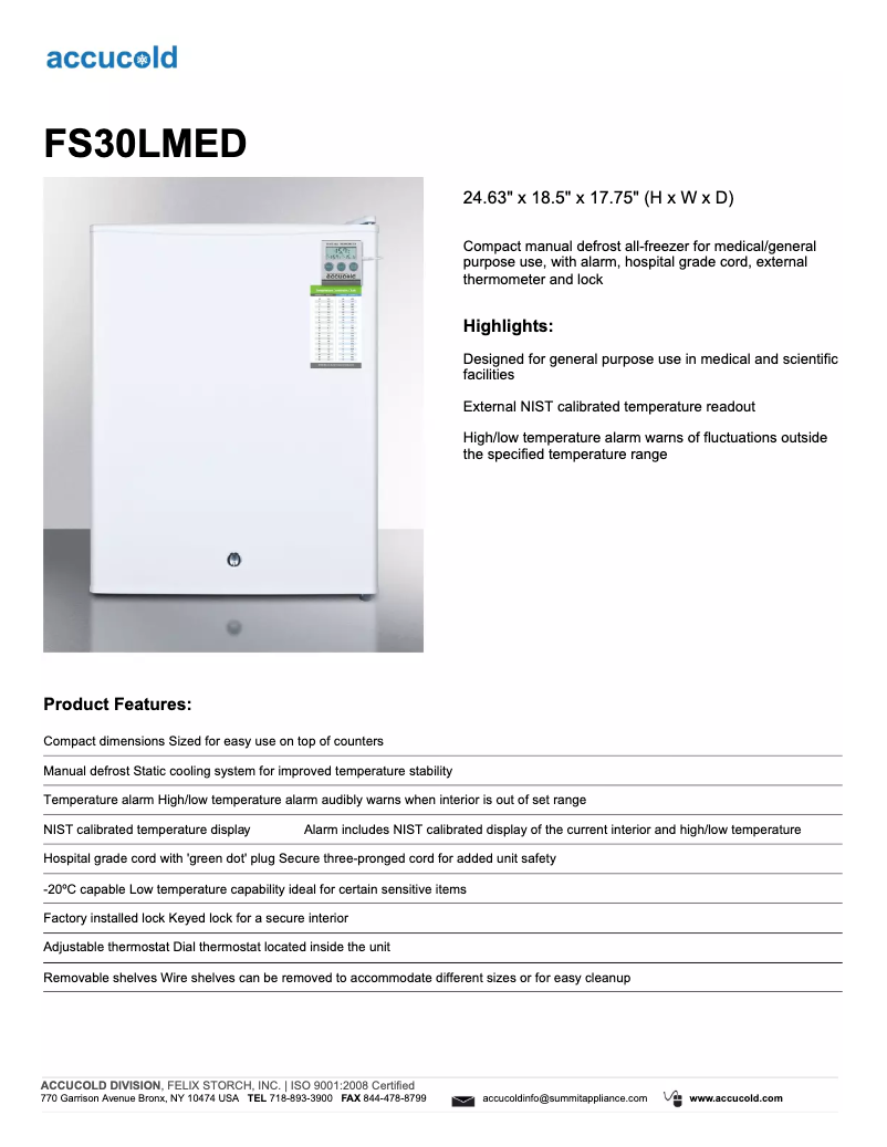Página 1 del manual Ficha técnica Summit Accucold FS30LMED