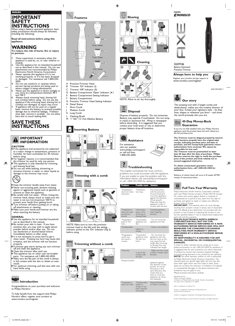 Imagen de la primera página del manual del dispositivo Norelco XA9146
