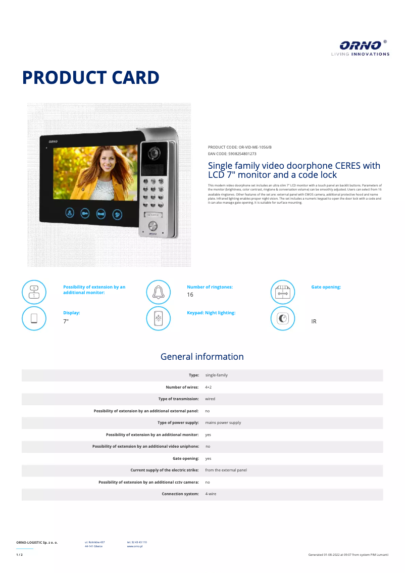 Página 1 del manual Ficha técnica Vibell OR-VID-ME-1056/B