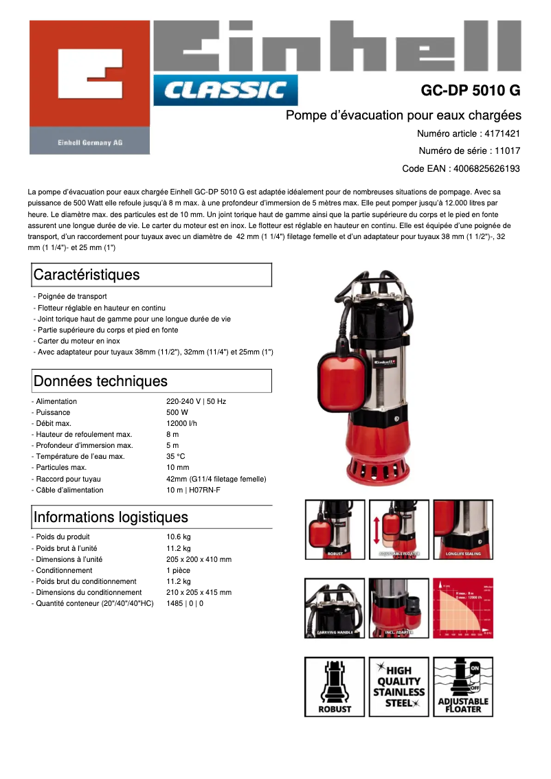 Página 1 del manual Ficha técnica Einhell GC-DP 5010 G