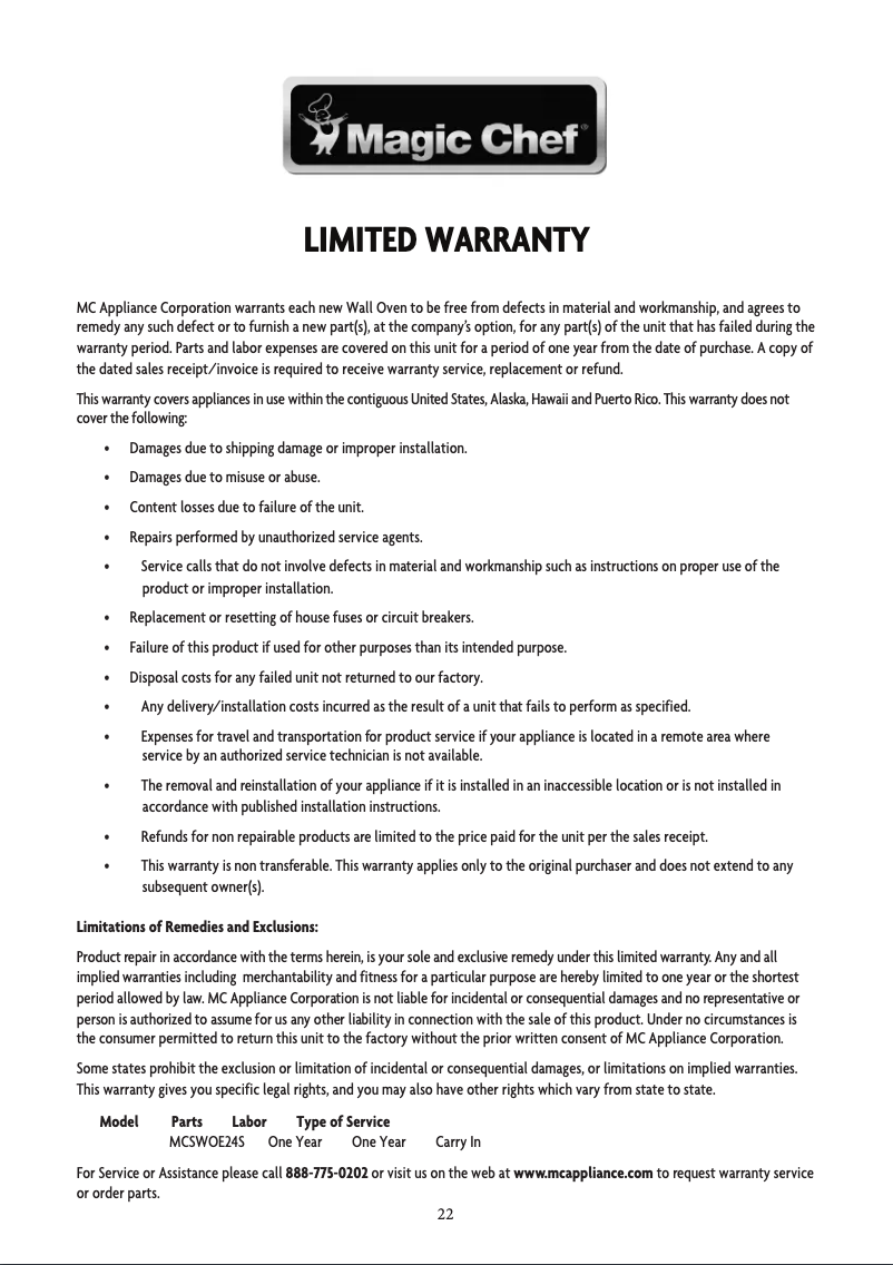 Página 1 del manual Información de garantía Magic Chef MCSWOE24S