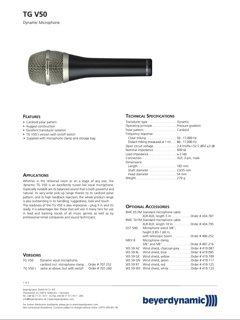 Página 1 del manual Ficha técnica Beyerdynamic TG V50