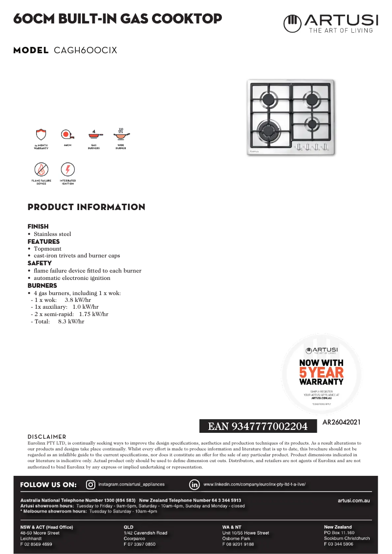Página 1 del manual Ficha técnica Artusi CAGH600CIX