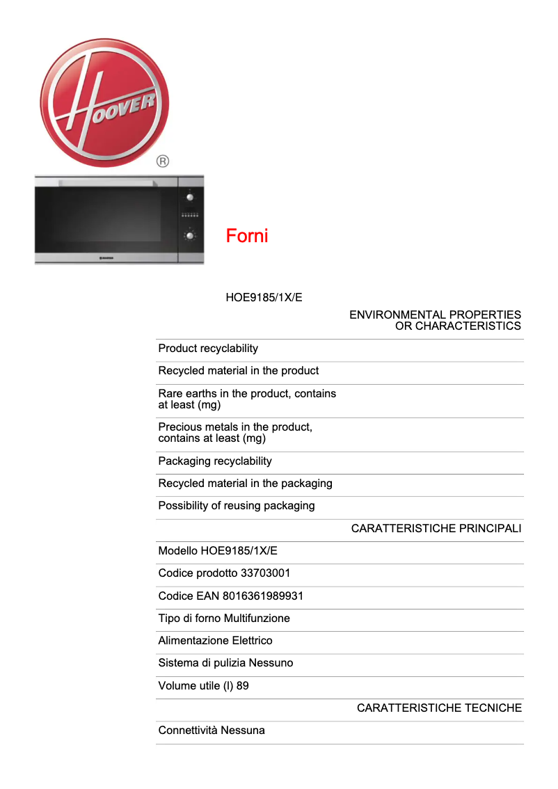 Página 1 del manual Ficha técnica Hoover HOE9185/1X/E