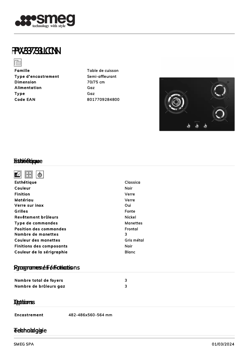 Página 1 del manual Ficha técnica Smeg PV373LCN