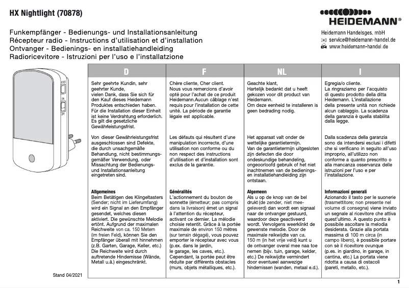 Imagen de la primera página del manual del dispositivo HX Nightlight 70878
