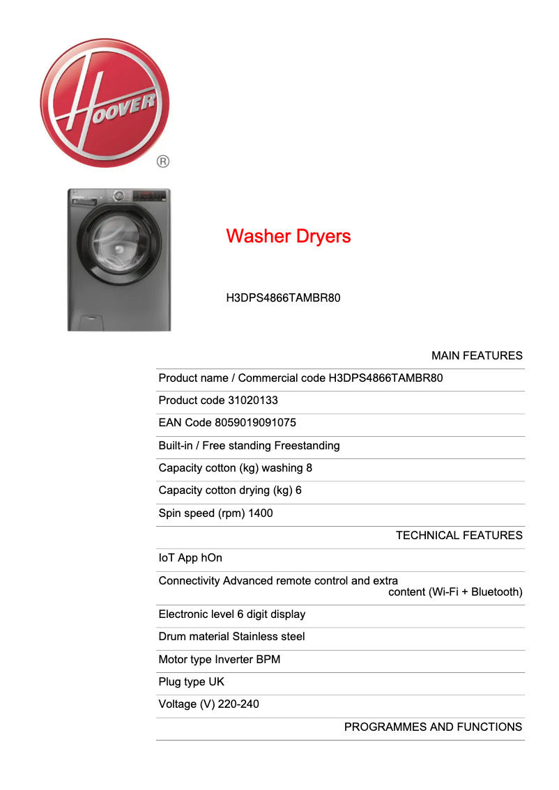 Página 1 del manual Ficha técnica Hoover H3DPS4866TAMBR80