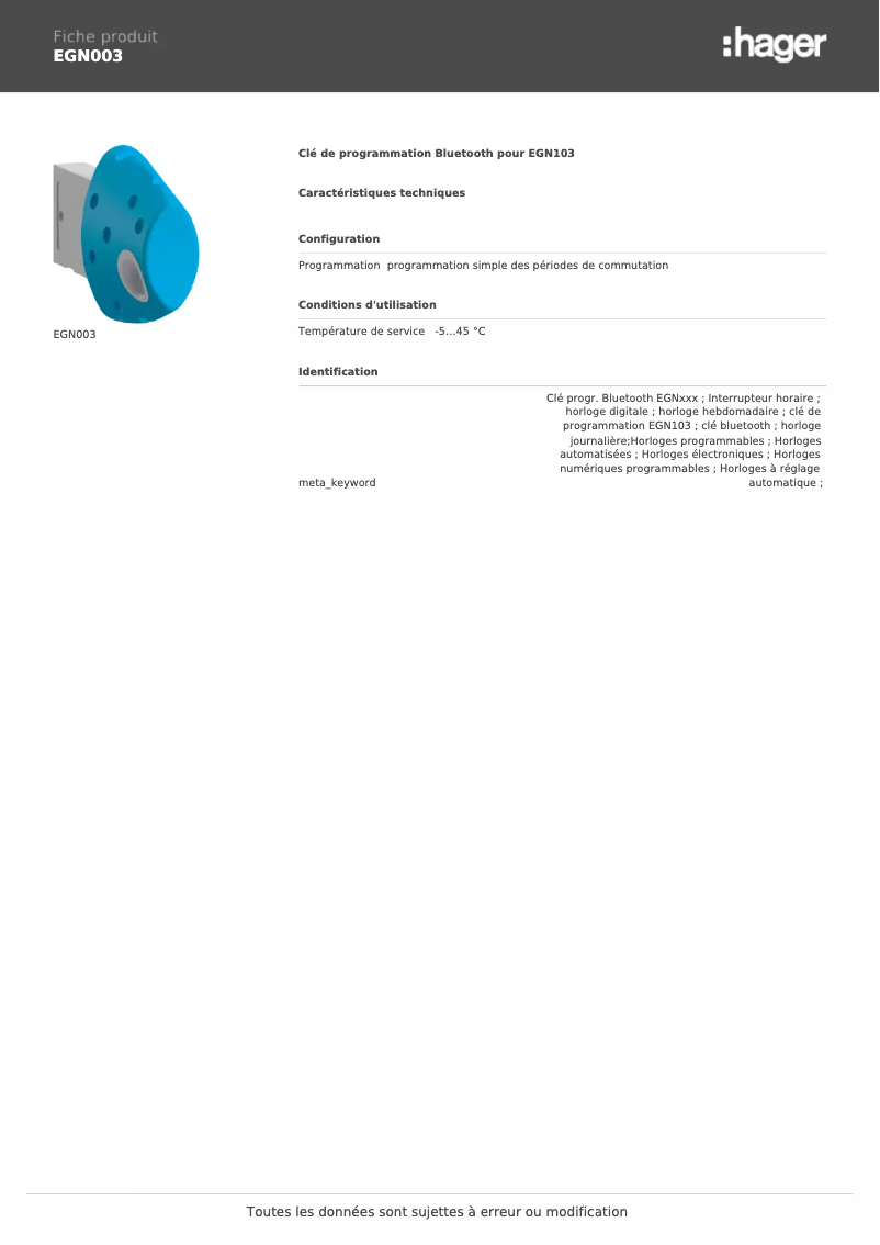 Página 1 del manual Ficha técnica Hager EGN003