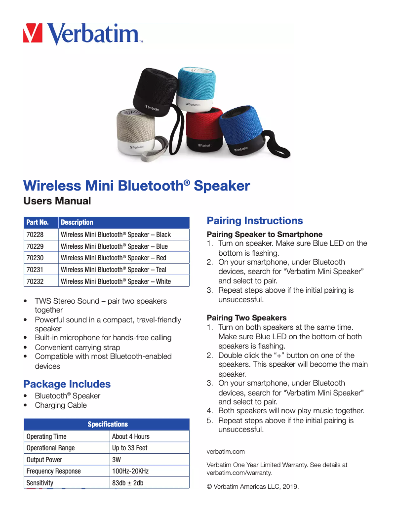 Página 1 del manual Manual de usuario Verbatim Wireless Cube Bluetooth 70228