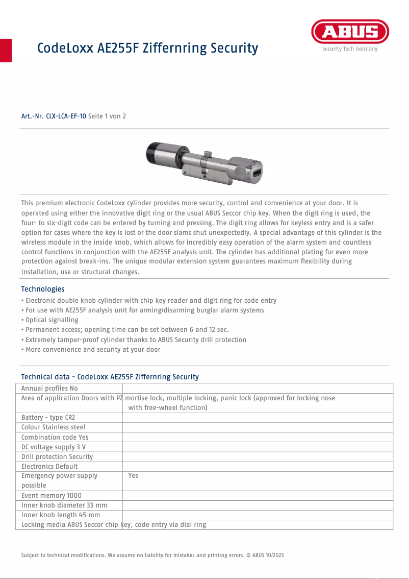 Página 1 del manual Ficha técnica Abus CLX-LCA-EF-10