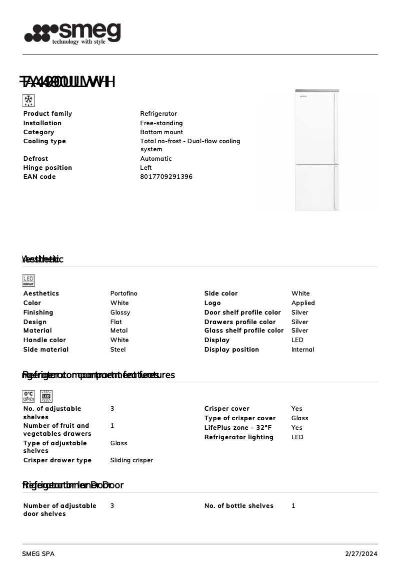 Página 1 del manual Ficha técnica Smeg FA490ULWH