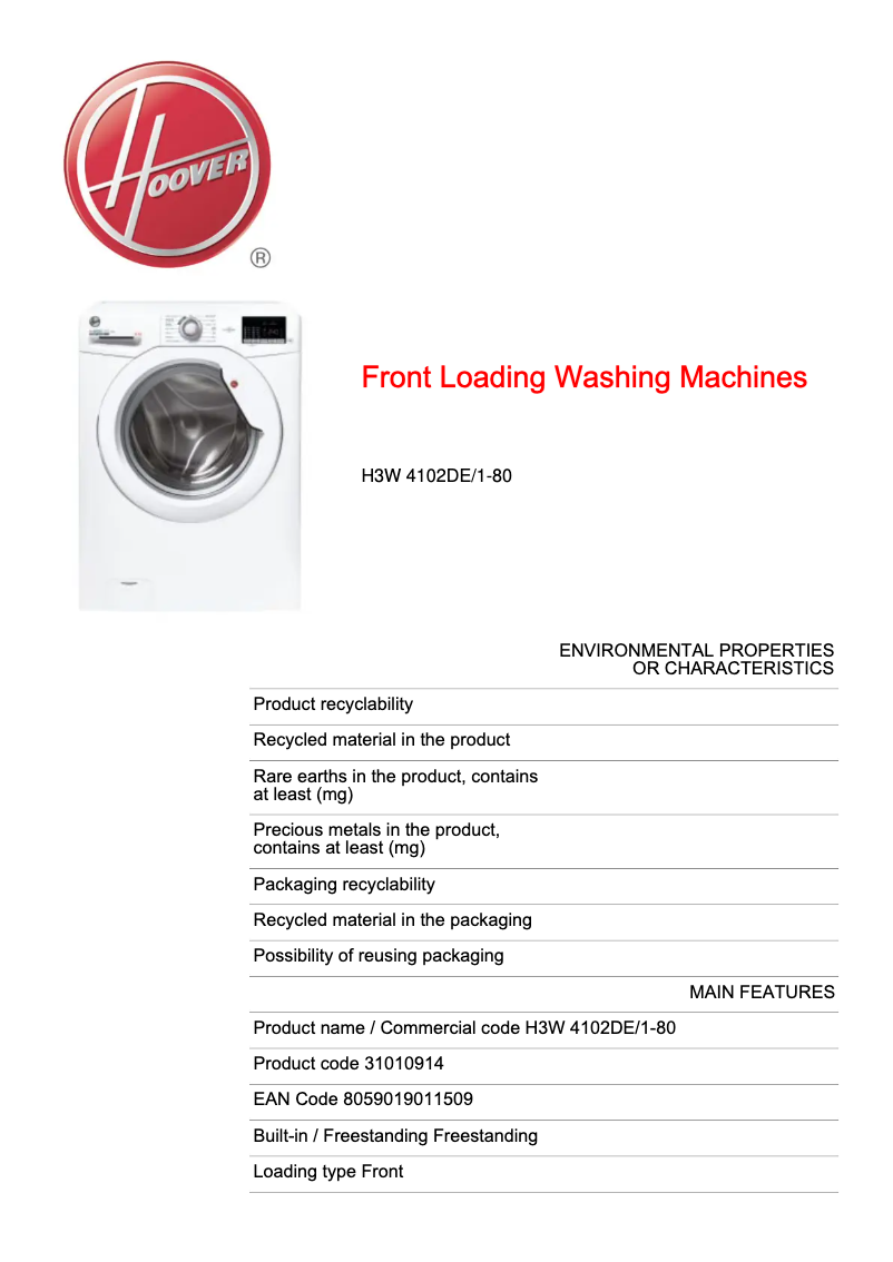 Página 1 del manual Ficha técnica Hoover H-WASH 300 LITE H3W 4102DE/1-80