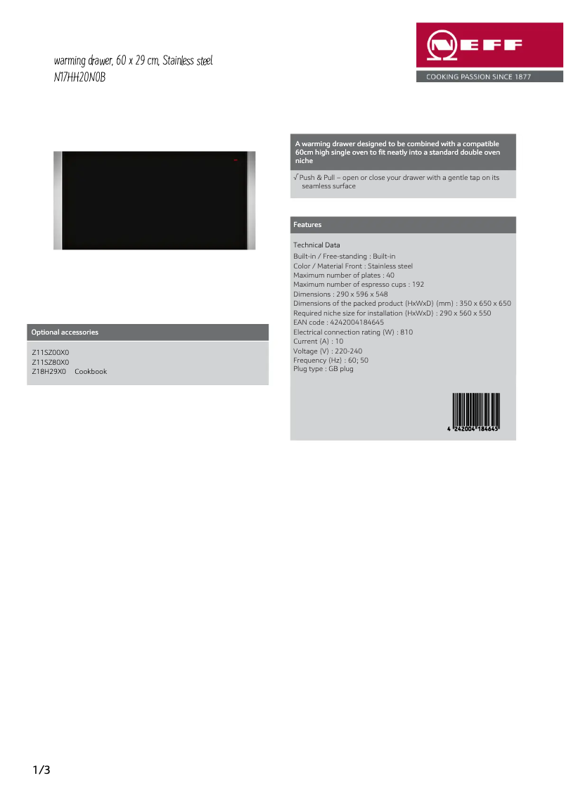 Página 1 del manual Ficha técnica Neff N17HH20N0B