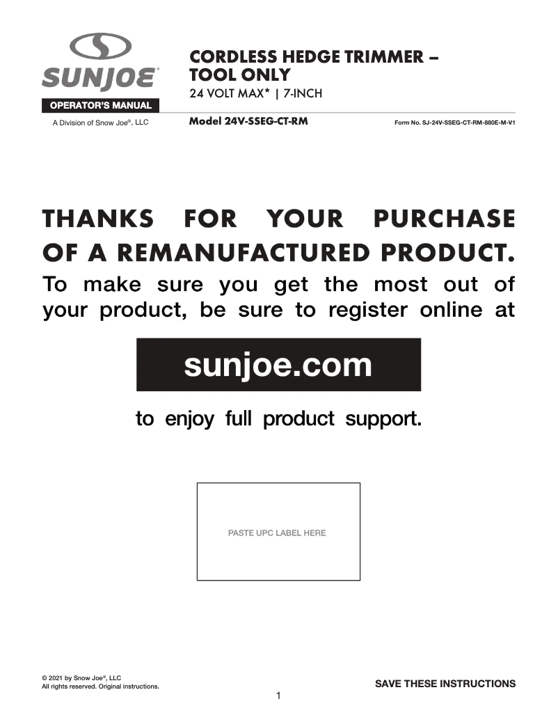 Página 1 del manual Manual de usuario Sun Joe 24V-SSEG-CT-RM