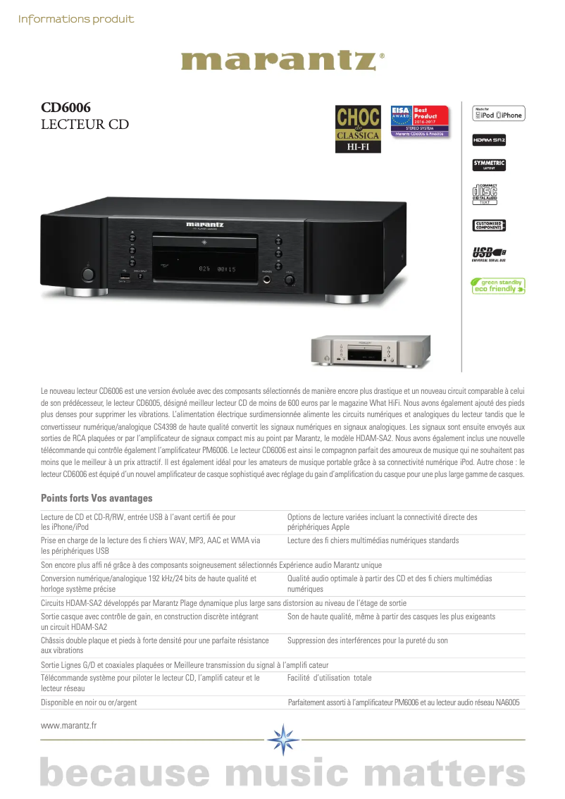 Página 1 del manual Ficha técnica Marantz CD6006