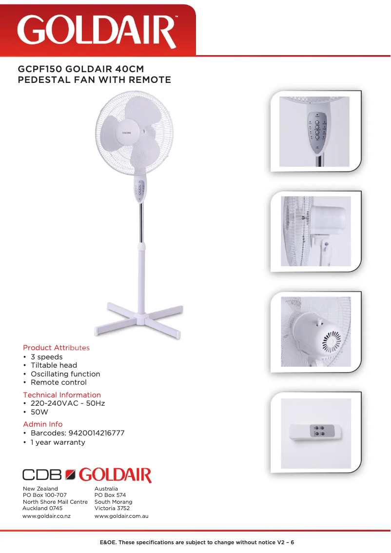 Página 1 del manual Ficha técnica GoldAir GCPF150