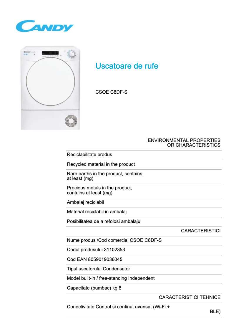 Página 1 del manual Ficha técnica Candy CSOE C8DF-S