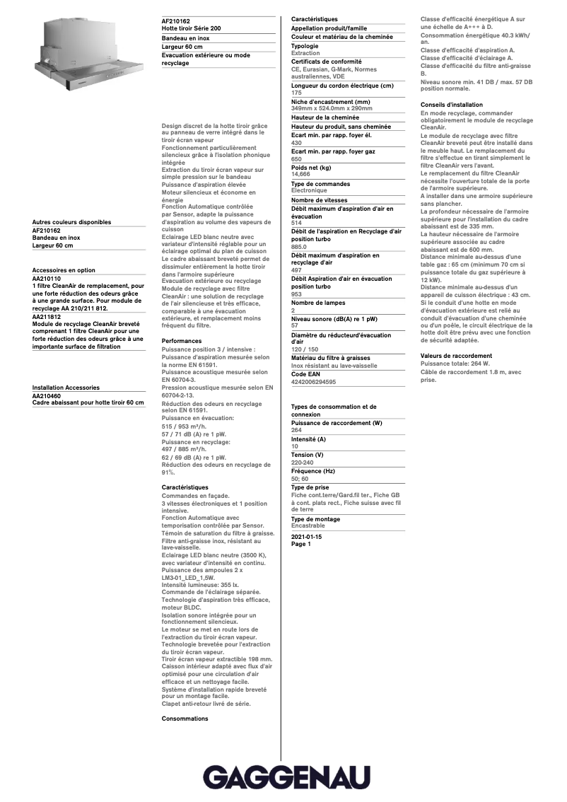 Página 1 del manual Ficha técnica Gaggenau AF210162