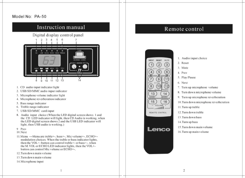 Página nº 1 - Manual de usuario Lenco PA-50