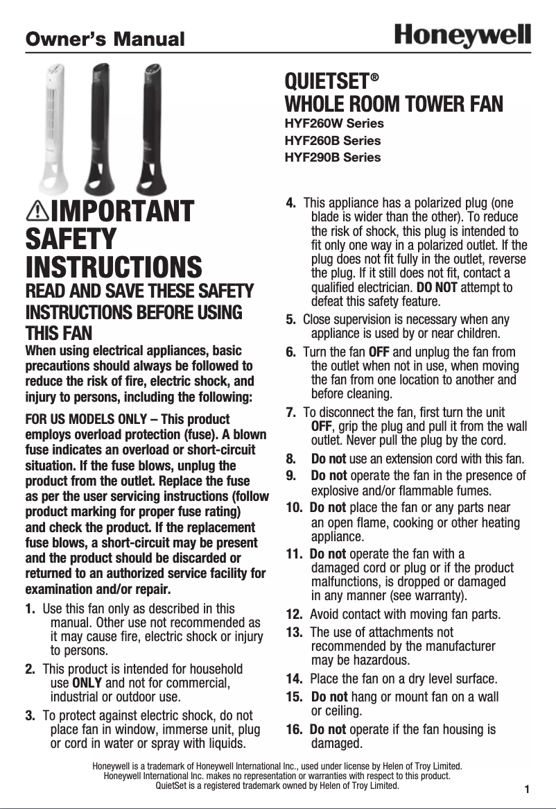 Página nº 1 - Manual de usuario Honeywell QuietSet HYF290B