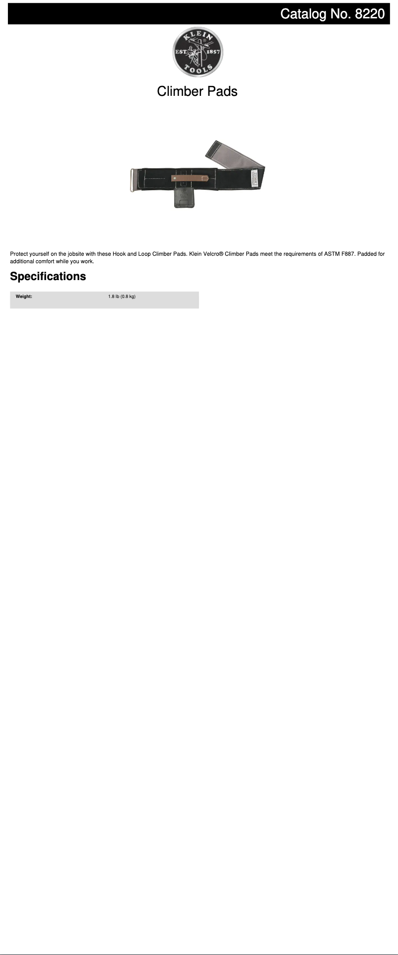 Página 1 del manual Ficha técnica Klein Tools 8220