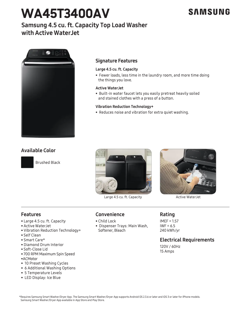 Página 1 del manual Ficha técnica Samsung WA45T3400AV