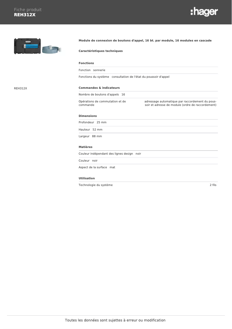 Página 1 del manual Ficha técnica Hager REH312X