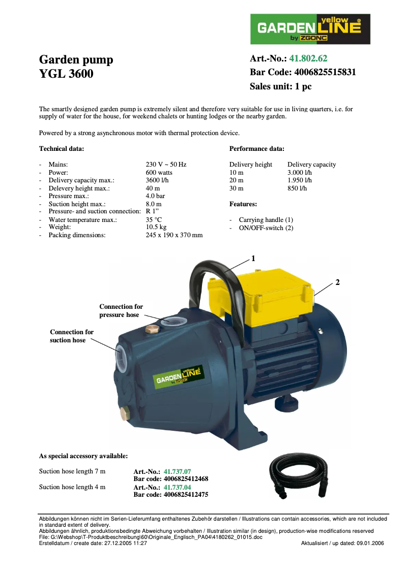 Página 1 del manual Manual de usuario Yellow Garden Line YGL 3600