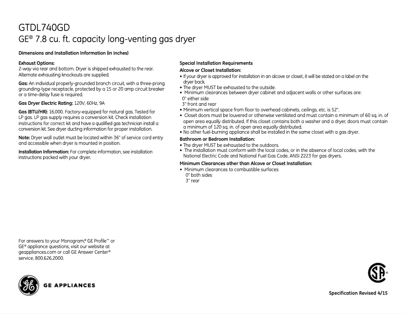 Imagen de la primera página del manual del dispositivo GTDL740GDWW