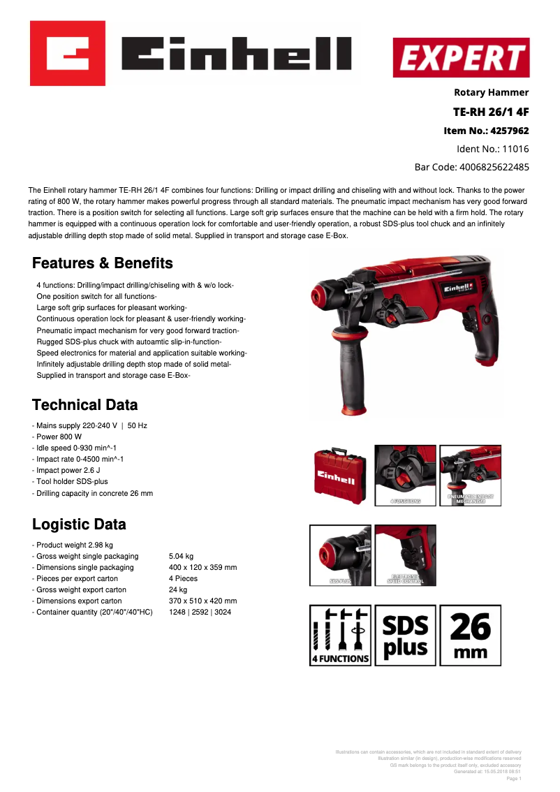 Página 1 del manual Ficha técnica Einhell TE-RH 26/1 4F