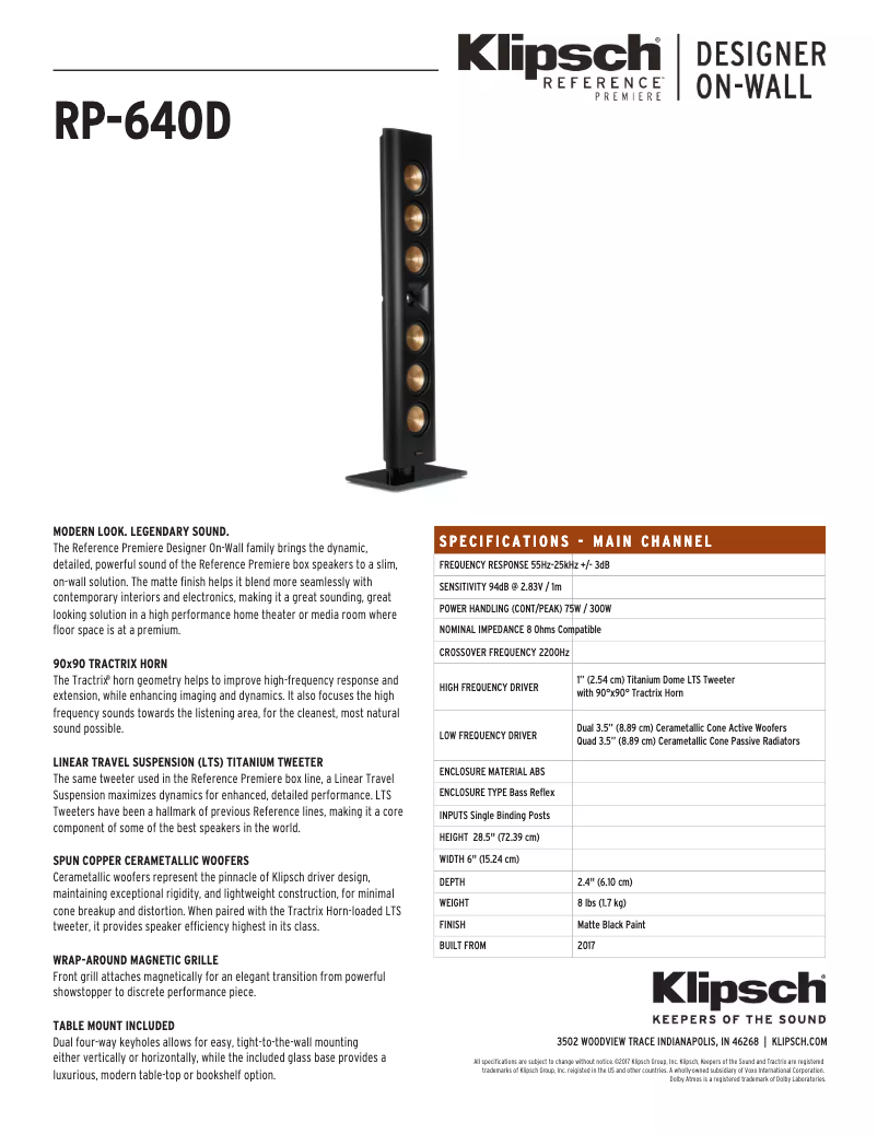 Página 1 del manual Ficha técnica Klipsch Reference Premiere RP-640D
