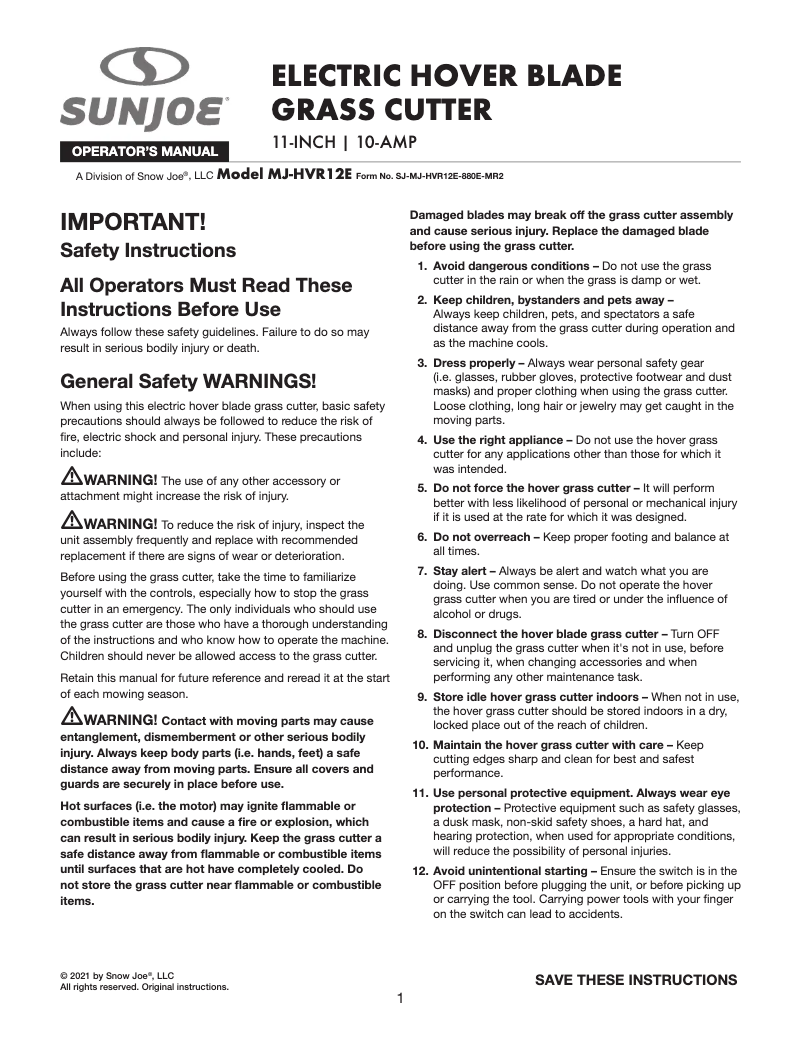 Página 1 del manual Manual de usuario Sun Joe MJ-HVR12E