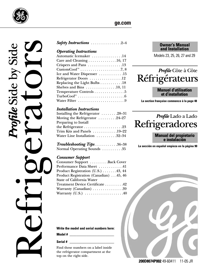 Página 1 del manual Manual de uso y mantenimiento GE Profile PSH25SGSSV