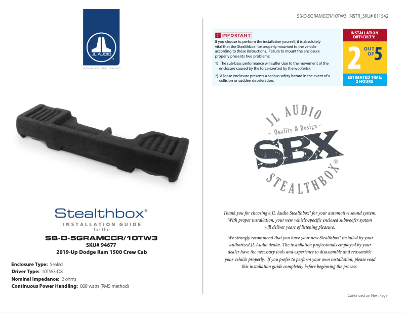 Imagen de la primera página del manual del dispositivo Stealthbox SB-D-5GRAMCCR/10TW3