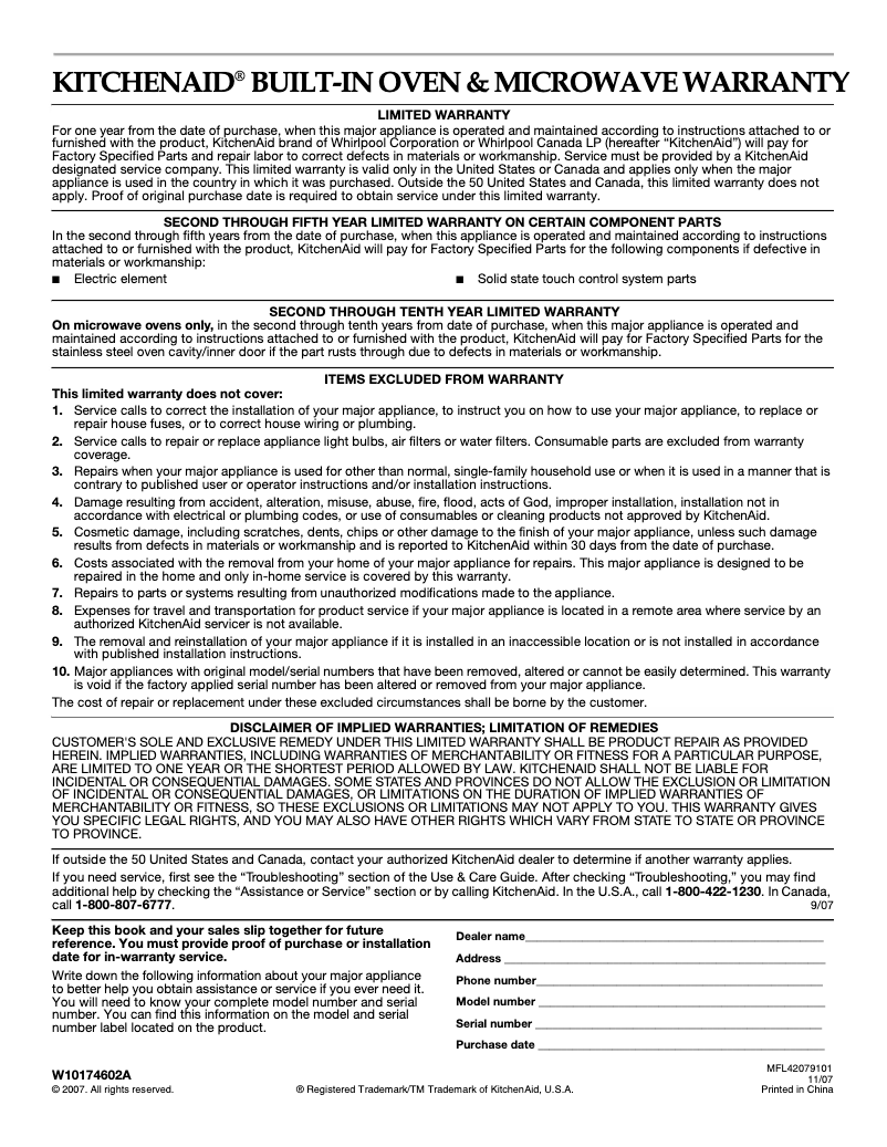 Página 1 del manual Información de garantía KitchenAid Architect KCMS2055SSS