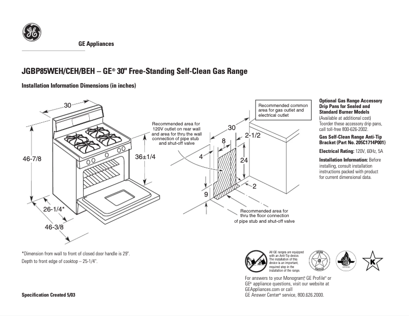 Página 1 del manual Ficha técnica GE JGBP85CEHCC