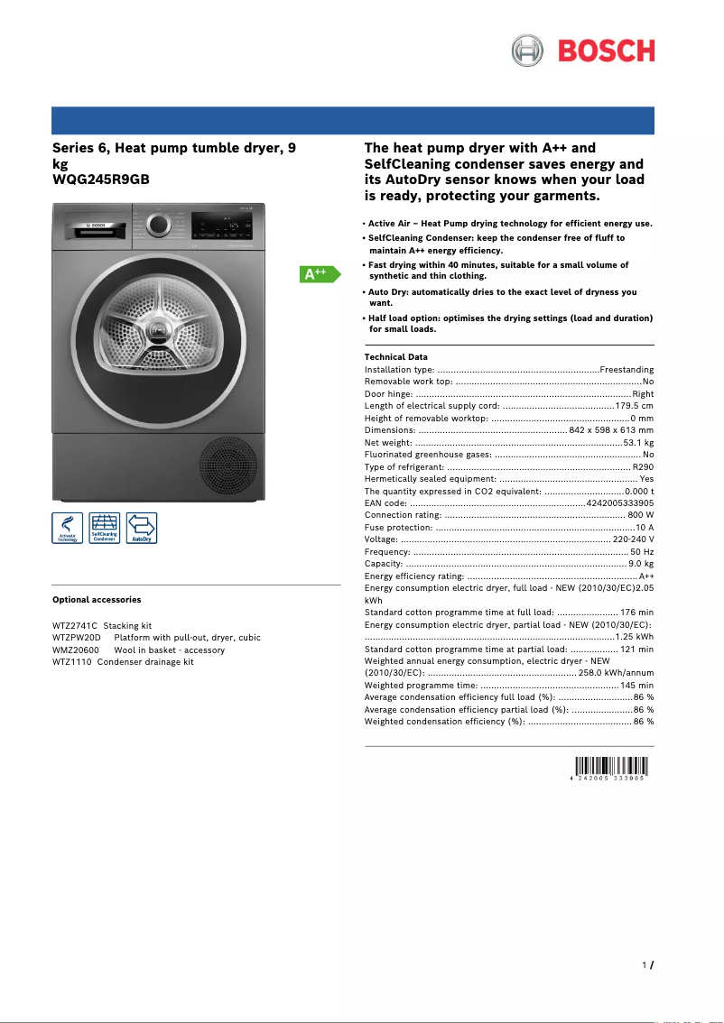 Página 1 del manual Ficha técnica Bosch WQG245R9GB
