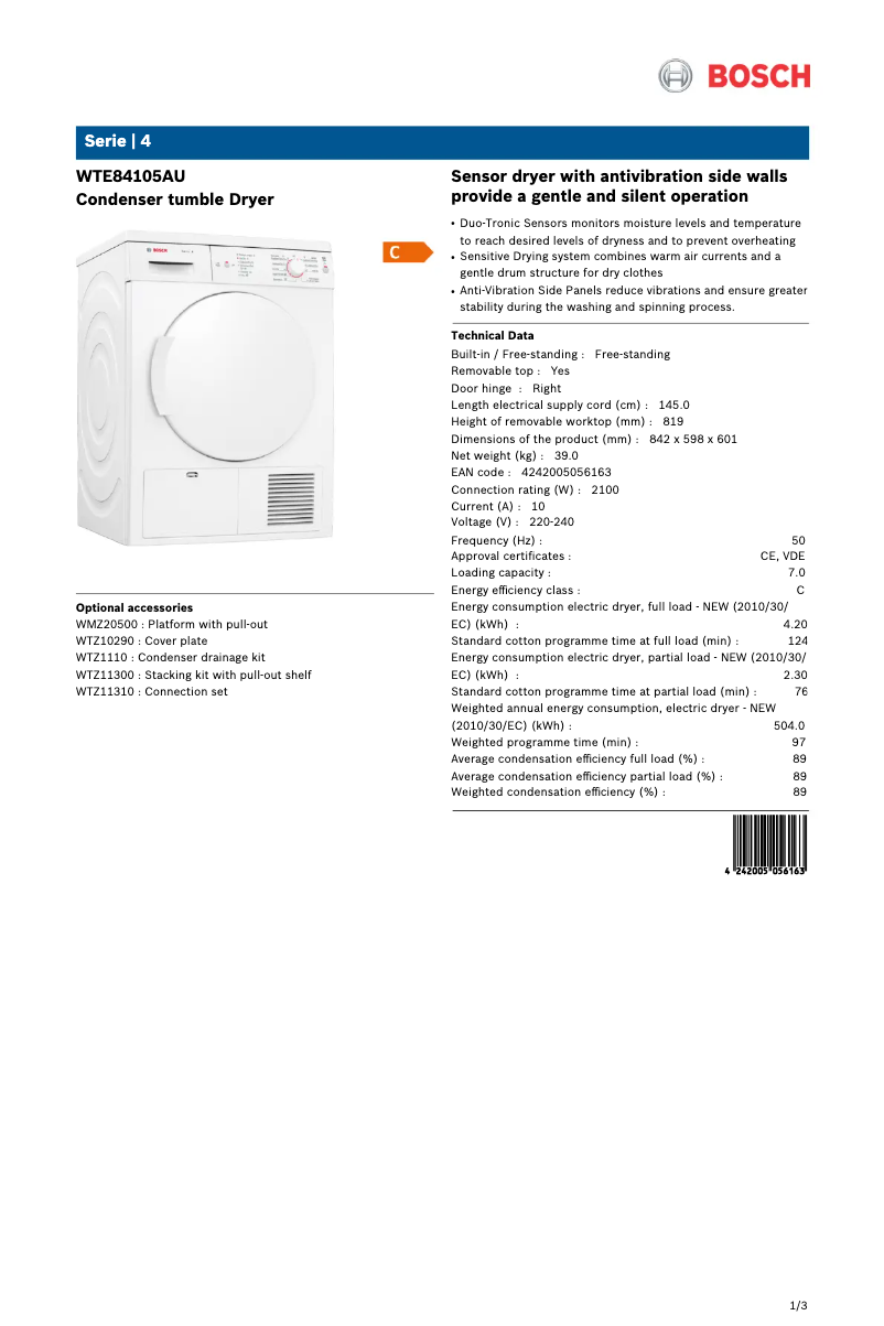 Página 1 del manual Ficha técnica Bosch WTE84105AU