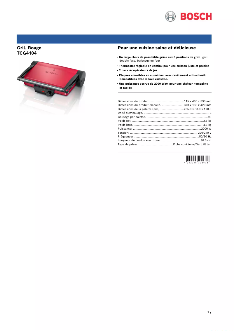 Página 1 del manual Ficha técnica Bosch TCG4104