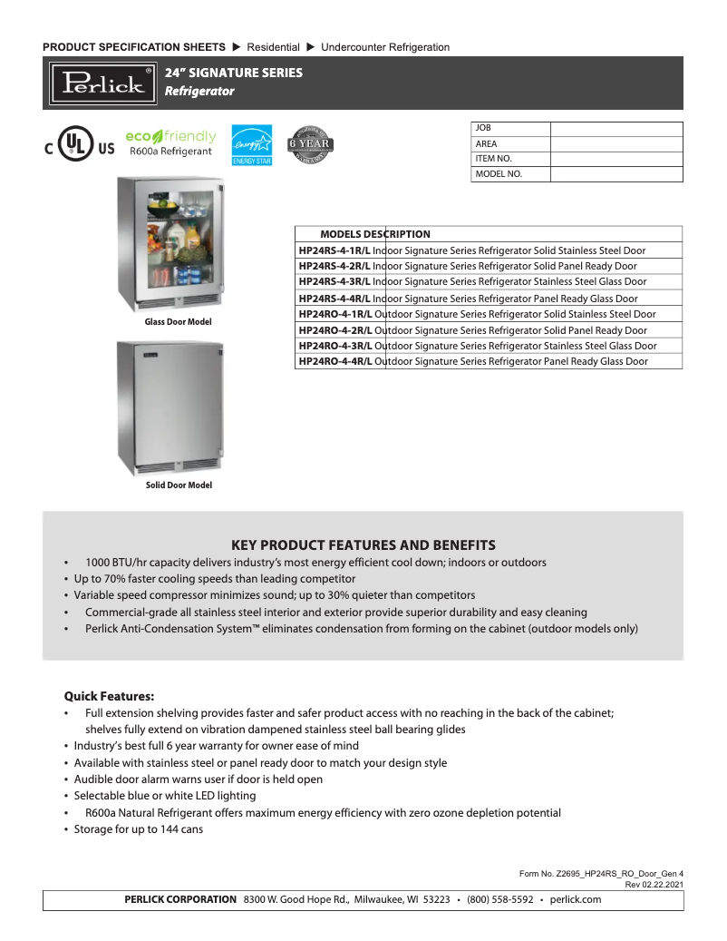 Página 1 del manual Ficha técnica Perlick HP24RO-4-2L